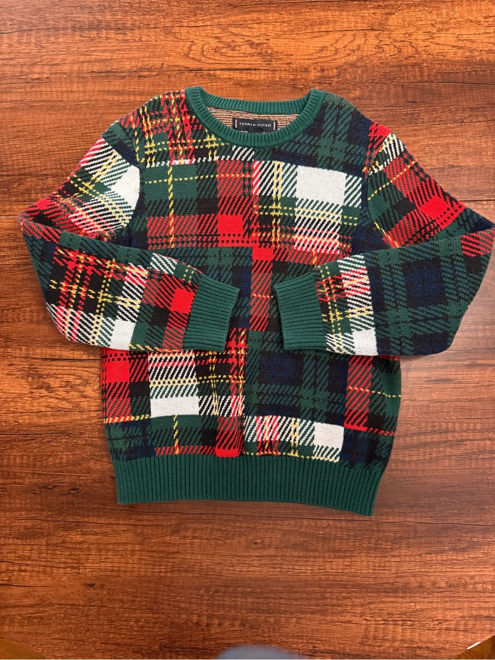 Tommy Hilfiger Green Red White Plaid Crewneck Sweater